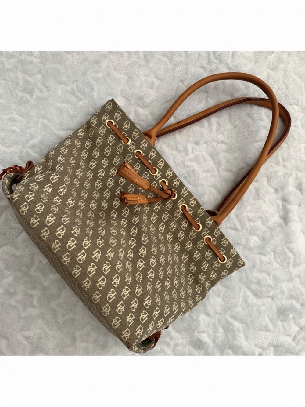 Dooney and Bourke Monogram Canvas Tote Bag with Tan Leather Trim